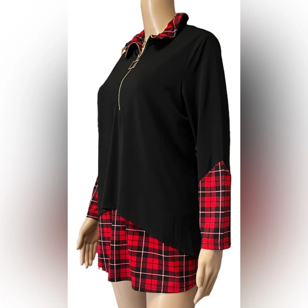 NWT Calessa Color Block Print Long Sleeves Half Zip Layered Twofer Tunic Medium - Picture 4 of 9